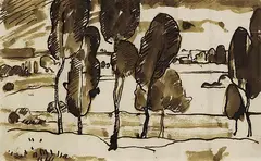 Gabriele Münter, Landschaft bei Murnau, 1908, Brush and India ink drawing