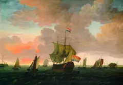 Adam Silo, Holländisches Kriegsschiff und zahlreiche andere Segelschiffe in einer Hafeneinfahrt, Oil on canvas