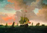 Adam Silo, Holländisches Kriegsschiff und zahlreiche andere Segelschiffe in einer Hafeneinfahrt, Oil on canvas