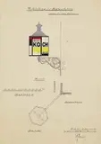 Walter Dexel, 2 Bll.: Entwurf für die Reklame-Laterne "August Koch Nachf.". Werkzeichnung Reklame-Laterne "August Koch Nachf." der städtischen Gas- und Wasserwerke Jena, 1924, Gouache