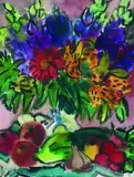 Rudolf Bredow, Stillleben mit Blumen, Obst und Gemüse, 1966, Watercolour