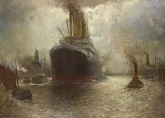 Franz Müller-Gossen, Hamburger Hafen mit auslaufendem Dampfer, Oil on canvas