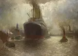 Franz Müller-Gossen, Hamburger Hafen mit auslaufendem Dampfer, Oil on canvas