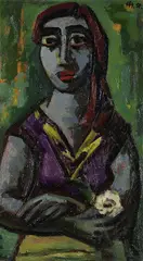 Herbert Helmert, Frau mit weißer Rose, 1954, Oil on fibreboard