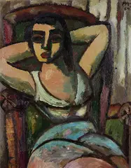 Herbert Helmert, Frau mit hinter dem Kopf verschränkten Armen, 1954, Oil on fibreboard