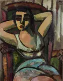 Herbert Helmert, Frau mit hinter dem Kopf verschränkten Armen, 1954, Oil on fibreboard