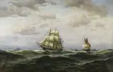 Franz Johann Wilhelm Hünten, Vollschiff unter deutscher Flagge auf See, 1875, Oil on canvas