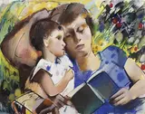 Otto Herbig, Frau mit Kind beim Vorlesen, 1957, Pastel