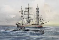 Hans Peter Jürgens, Wegnahme der "Pass of Palmaha" (später "Seeadler") durch U 36 am 24. Juli 1915 7 Uhr in der nördlichen Nordsee, Watercolour