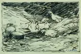 Alexander Koester, Fünf Enten mit zwei Gefäßen, 1900, Pen and India ink drawing