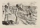 Max Liebermann, 3 Bll.: Der Mönch will die Dirne bekehren. Badende Jungen beim Hemdanziehen. Holländische Landschaft, 1924, Lithograph