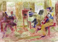 William Straube, 3 Bll. Studien eines Interieurs mit Musikern, 1952, Pastel