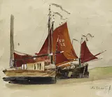 Friedrich Schwinge, 2 Bll.: Segelboote mit roten Segeln. Ankerndes Segelboot, Watercolour