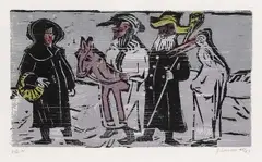 Wilhelm Grimm, Maskengruppe mit Steckenpferd, 1948, Woodcut in colours