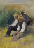Friedrich Schwinge, Drei sitzende Jungen, Gouache