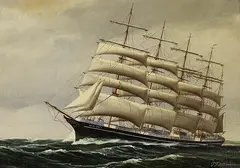 Peder Christian Pedersen, Fünfmaster "Kopenhagen" auf hoher See, Oil on canvas