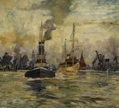 Richard Albitz, Morgenstimmung im Hamburger Hafen, Oil on cardboard