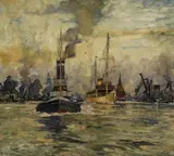 Richard Albitz, Morgenstimmung im Hamburger Hafen, Oil on cardboard