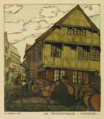 Käte Lassen, 2 Bll.: Die Töpferstraße, Flensburg. Das Kloster zu St. Nicolai, 1910, Lithograph in colours