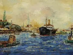 Bernhard Huys, Hafen von Hamburg, Oil on panel