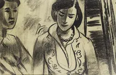 Erwin Gruber, Zwei Frauen, 1955, Charcoal drawing