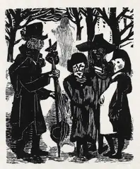 Wilhelm Grimm, Rummelpott mit vier Figuren, 1950, Woodcut