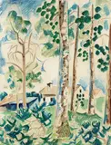 Max Pechstein, Häuser hinter Bäumen, 1919, Watercolour