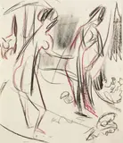Zwei stehende weibliche Akte im Walde by Ernst Ludwig Kirchner, 1920, Pencil, sold Dec 2005