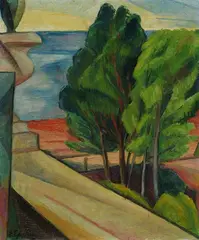 Elisabeth Epstein, Blick auf Bäume und Meer, 1930, Oil on cardboard