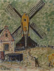 Alexander Gerbig, Holländische Windmühle, 1915, Oil on cardboard