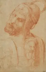 Männerkopf mit Groteske im Rücken (nach Michelangelo) by Battista Franco gen. Semolei, Sanguine, sold Oct 2005