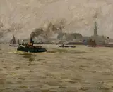 Friedrich Kallmorgen, Hamburger Hafen mit Barkasse, Elbewern und Dampfern vor der Michaeliskirche