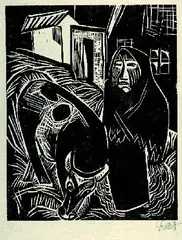 Bäuerin mit Kuh by Karl Schmidt-Rottluff, 1922, Woodcut, sold Oct 2005