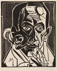 Selbstbildnis mit Pfeife by Max Pechstein, 1921, Woodcut, sold Oct 2005