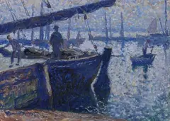 Georg Burmester, Dämmerung im Fischereihafen von Möltenört bei Kiel, 1905, Gouache