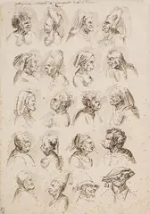 Leonardo da Vinci, Grotesken: 20 Brustbilder im Profil auf einem Blatt, Pen and Indian ink drawing