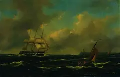 Govert van Emmerick, Segelfregatte und Segelboot vor Steilküste mit Leuchtturm, Oil on canvas