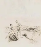 Max Liebermann, Vorn auf einem Hügel die Familie des Tierbudenbesitzers, 1920, Pen and Indian ink drawing