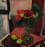 Herbert Helmert, Rotes Stilleben mit Zitronen, 1953, Oil on panel
