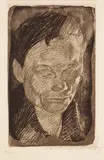 Käthe Kollwitz, Frauenkopf, Um 1905, Vernis mou und Radierung in Dunkelbraun auf chamoisfarbenem Papier