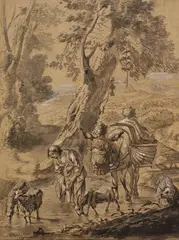 Jacob van der Does I, Hirtin mit Esel und Ziegen vor italienischer Landschaft, 1675, Brush and Indian ink drawing