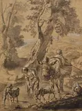 Jacob van der Does I, Hirtin mit Esel und Ziegen vor italienischer Landschaft, 1675, Brush and Indian ink drawing