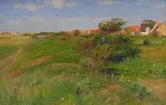 Friedrich Schwinge, Häuser hinter dem Deich, Oil on canvas