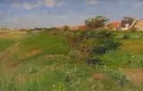 Friedrich Schwinge, Häuser hinter dem Deich, Oil on canvas