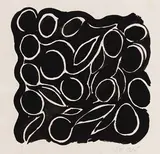 Sonia Delaunay, Feuilles et fruits fond noir, Brush and Indian ink drawing