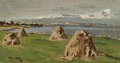 Tom Hops, Landschaft mit Heuhocken, 1946, Oil on panel