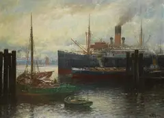 Franz Müller-Gossen, Hamburger Hafen mit Frachtdampfern und Segelbooten, Oil on canvas