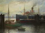 Franz Müller-Gossen, Hamburger Hafen mit Frachtdampfern und Segelbooten, Oil on canvas