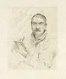 Lovis Corinth, Selbstbildnis radierend, 1909, Drypoint