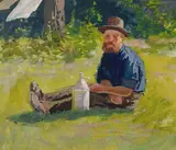 Friedrich Schwinge, Selbstporträt im Garten, Gouache